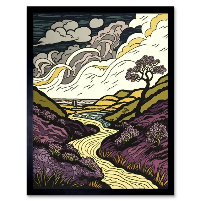"Artery8 Wall Art Print Scottish Countryside Path with Purple Heather Art Framed in Black - Size: W12"" x H16""" - image 1