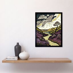 "Artery8 Wall Art Print Scottish Countryside Path with Purple Heather Art Framed in Black - Size: W12"" x H16""" - thumbnail 2