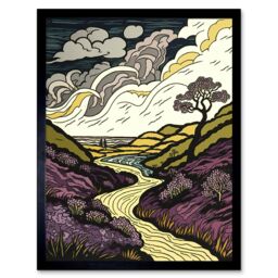 "Artery8 Wall Art Print Scottish Countryside Path with Purple Heather Art Framed in Black - Size: W12"" x H16""" - thumbnail 1