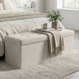 KORVIXA Cream White Foldable Storage Ottoman Cube with Hidden Compartment - Size: 100 cm x 100 cm - thumbnail 4