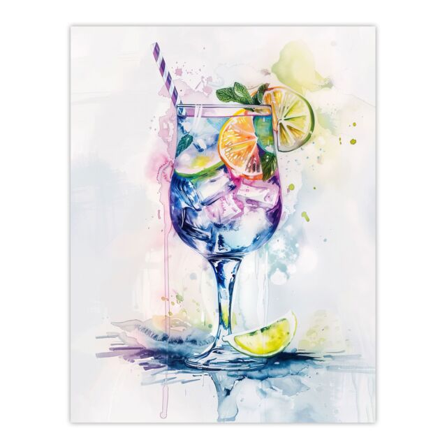 "Artery8 Tropical Cocktail Drink Colourful Watercolour Wall Art Print in White - Size: W24"" x H32""" - image 1