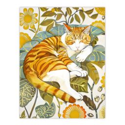 "Artery8 Sleeping Orange Tabby Cat Lover Bright Floral Wall Art Print - Size: W12"" x H16""" - thumbnail 1