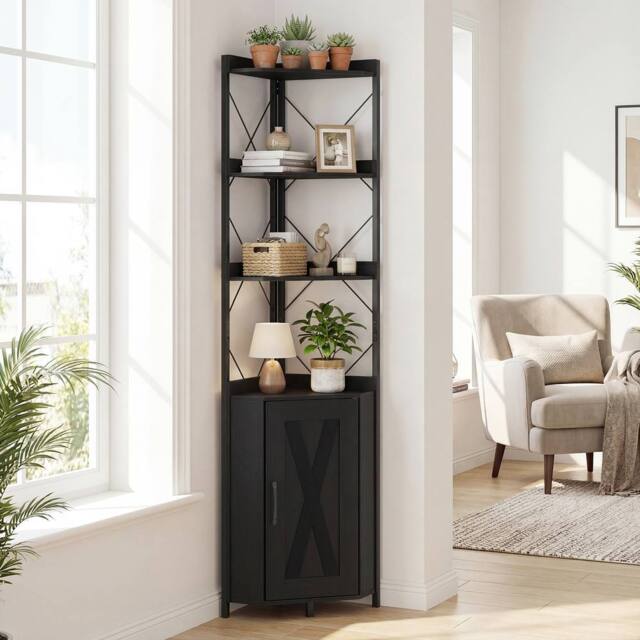 Costway Modern Corner Shelf 180cm Tall Corner Cabinet Bookshelf Display Rack in Black - image 1