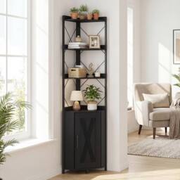 Costway Modern Corner Shelf 180cm Tall Corner Cabinet Bookshelf Display Rack in Black - thumbnail 1