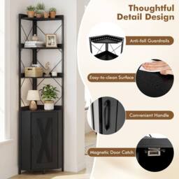 Costway Modern Corner Shelf 180cm Tall Corner Cabinet Bookshelf Display Rack in Black - thumbnail 6