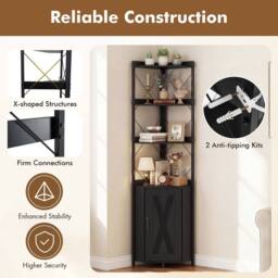 Costway Modern Corner Shelf 180cm Tall Corner Cabinet Bookshelf Display Rack in Black - thumbnail 2