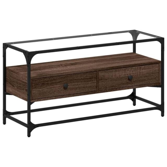 Berkfield Home TV Cabinet with Glass Top Brown Oak 98x35x51 cm Engineered Wood - Size: 98 x 35 x 51 cm - image 1