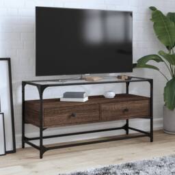 Berkfield Home TV Cabinet with Glass Top Brown Oak 98x35x51 cm Engineered Wood - Size: 98 x 35 x 51 cm - thumbnail 2