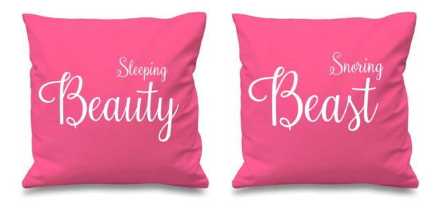 "60 SECOND MAKEOVER Sleeping Beauty Snoring Beast Pink Cushion Covers 16"" x 16"" Couples Cushions Valentines Anniversary Boyfriend - Size: 40 cm x 40 cm"