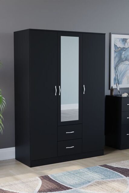 Home Discount Vida Designs Riano 3 Door 2 Drawer Mirrored Wardrobe Storage Organizer in Black - image 1