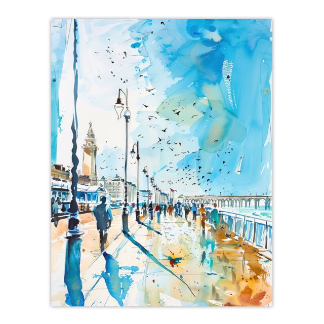 "Artery8 Walk on the Promenade Watercolour Painting Wall Art Print in Blue - Size: W24"" x H32""" - image 1