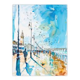 "Artery8 Walk on the Promenade Watercolour Painting Wall Art Print in Blue - Size: W24"" x H32""" - thumbnail 1