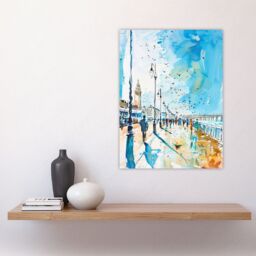 "Artery8 Walk on the Promenade Watercolour Painting Wall Art Print in Blue - Size: W24"" x H32""" - thumbnail 4