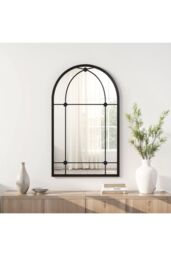 Living and Home Modern Arched Wall-mounted Metal Frame Windowpane Mirror in Black - thumbnail 1