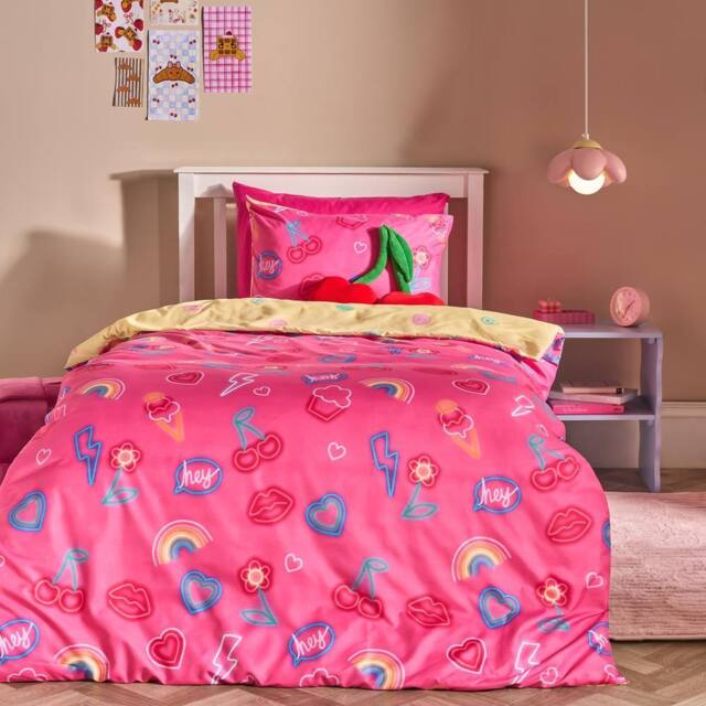 OHS Kids Neon Lights Reversible Bedding Set Duvet Cover with Pillowcase in Magenta - Size: Double - image 1