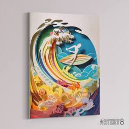 "Artery8 Rainbow Kirigami Surfer in Coastal Landscape Canvas Wall Art Print - Size: W18"" x H24""" - thumbnail 2