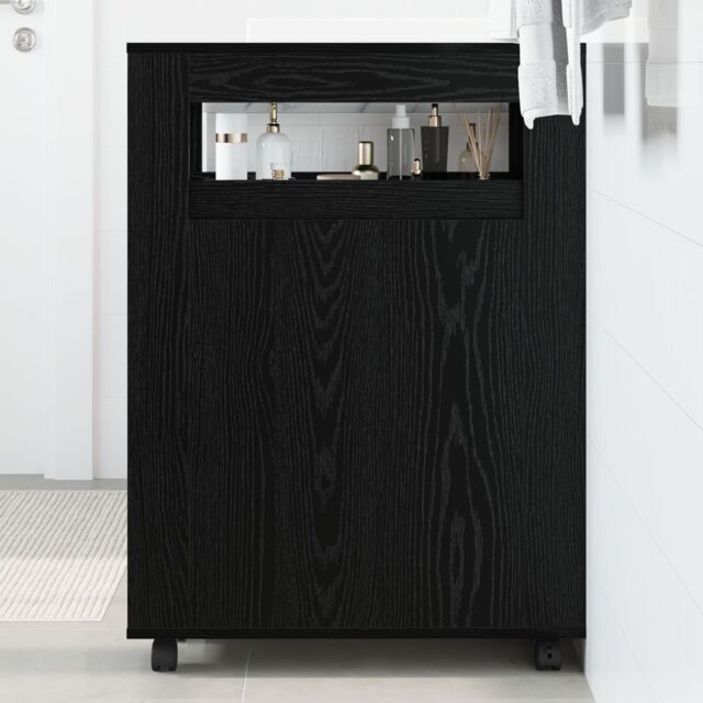 Berkfield Home Narrow Bathroom Cabinet with Wheels Black Oak Engineered Wood - image 1