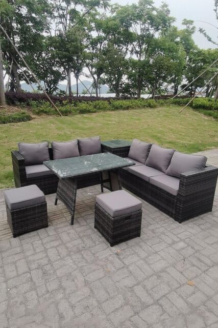 Fimous Outdoor Rattan Garden Furniture Set Corner Sofa Dining table With 2 PC Footstools in Dark Grey - image 1