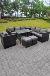 Fimous Outdoor Rattan Garden Furniture Set Corner Sofa Dining table With 2 PC Footstools in Dark Grey - thumbnail 5