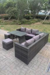 Fimous Outdoor Rattan Garden Furniture Set Corner Sofa Dining table With 2 PC Footstools in Dark Grey - thumbnail 2