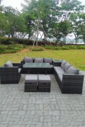 Fimous Outdoor Rattan Garden Furniture Set Corner Sofa Dining table With 2 PC Footstools in Dark Grey - thumbnail 4