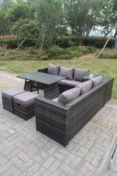 Fimous Outdoor Rattan Garden Furniture Set Corner Sofa Dining table With 2 PC Footstools in Dark Grey - thumbnail 3