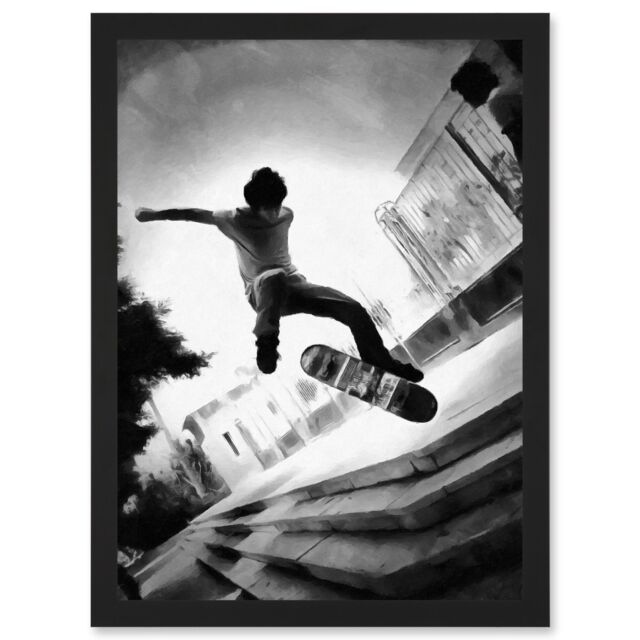 Artery8 Skateboarder Trick Black White Photo Artwork Framed Wall Art Print A4 - image 1