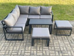Fimous Aluminium Outdoor Garden Furniture Set Lounge Sofa Coffee Table Sets with 2 Big Footstool Indoor Conservatory Set Dark Grey - thumbnail 2