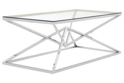 Orsina Silver Rectangular Coffee Table, Stainless Steel Frame with Geometric Diamond Base, Glass Top Centrepiece - thumbnail 2