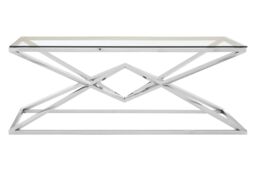 Orsina Silver Rectangular Coffee Table, Stainless Steel Frame with Geometric Diamond Base, Glass Top Centrepiece - thumbnail 1