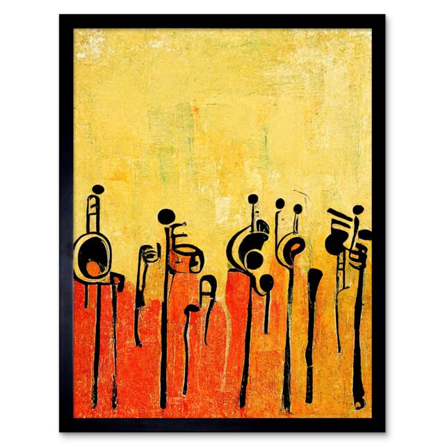 "Artery8 Wall Art Print Abstract Music Band Figures In Warm Acrylic Tones Musical Art Framed in Black - Size: W12"" x H16""" - image 1