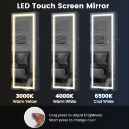 Gymax 108CM Jewellery Mirror Cabinet Lockable Jewelry With 3-Color LED Light in Black - thumbnail 5