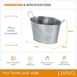 LIVIVO Galvanised Ice Bucket Champagne Bath 24L Large Drinks Cooler for Parties Wine Beer Outdoor Entertaining in Metallic Silver - thumbnail 9