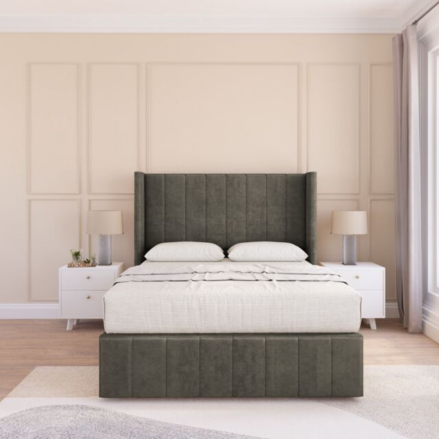 "Sloomy Melbourne Dumfries Wingback Bed Set, 2 Drawers & 54"" Floor Standing Headboard in Dark Grey - Size: Small Double" - image 1
