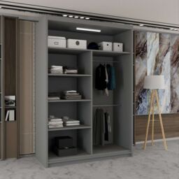 Sliding Wardrobes 4U Modern Double Sliding Wardrobe with LED Light W120cm x H217cm x D62cm in Grey - thumbnail 2