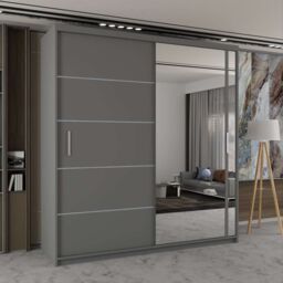 Sliding Wardrobes 4U Modern Double Sliding Wardrobe with LED Light W120cm x H217cm x D62cm in Grey - thumbnail 1