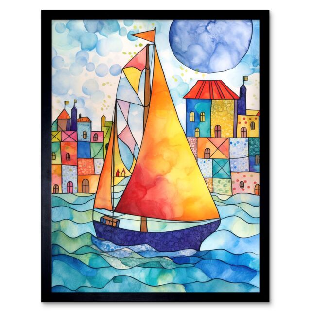 "Artery8 Wall Art Print Sailboat By Harbour Folk Art Framed in Black - Size: W12"" x H16""" - image 1