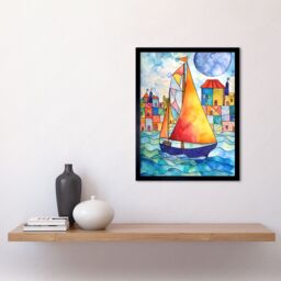 "Artery8 Wall Art Print Sailboat By Harbour Folk Art Framed in Black - Size: W12"" x H16""" - thumbnail 2