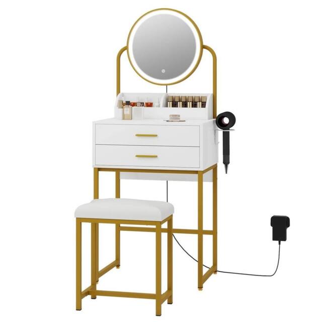 Kelvenix Modern Vanity Dressing Table LED Light Mirror Stool in White - image 1