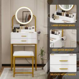 Kelvenix Modern Vanity Dressing Table LED Light Mirror Stool in White - thumbnail 4