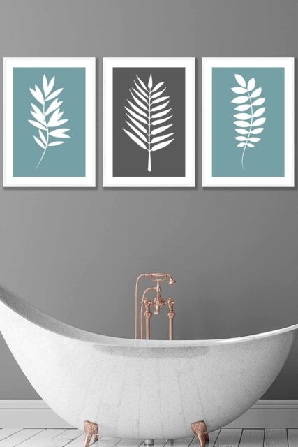 ARTZE Set of 3 White Framed Blue Grey Graphical Leaves Wall Art in Duck Egg Blue - Size: W33 cm x H45 cm x D20mm - image 1