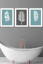 ARTZE Set of 3 White Framed Blue Grey Graphical Leaves Wall Art in Duck Egg Blue - Size: W33 cm x H45 cm x D20mm - thumbnail 1