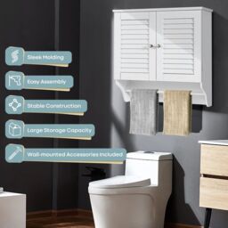 Costway Bathroom Medicine Cabinet Wall Mounted Louvered Doors Cabinet in White - thumbnail 6