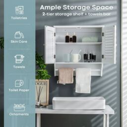 Costway Bathroom Medicine Cabinet Wall Mounted Louvered Doors Cabinet in White - thumbnail 4