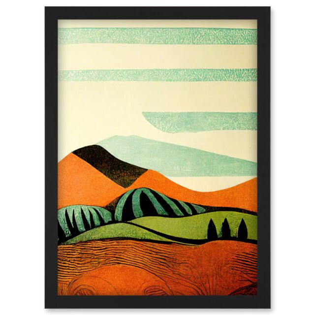 Artery8 Abstract Eclectic Tangerine & Olive Countryside Linocut Illustration Artwork Framed Wall Art Print A4 in Black - image 1