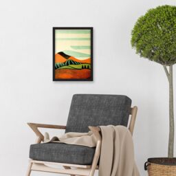 Artery8 Abstract Eclectic Tangerine & Olive Countryside Linocut Illustration Artwork Framed Wall Art Print A4 in Black - thumbnail 2