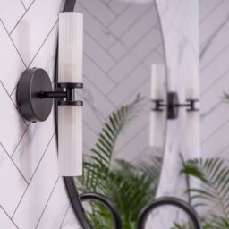 ValueLights Canya Up & Down 2 Way IP44 Rated Bathroom Frosted Reeded Glass Wall Light in Black
