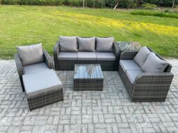 Fimous Rattan Garden Furniture 6 Piece Patio Set With Table Sofa Square Coffee Table Reclining Chair Loveseat sofa Big Footstool in Dark Grey - thumbnail 2