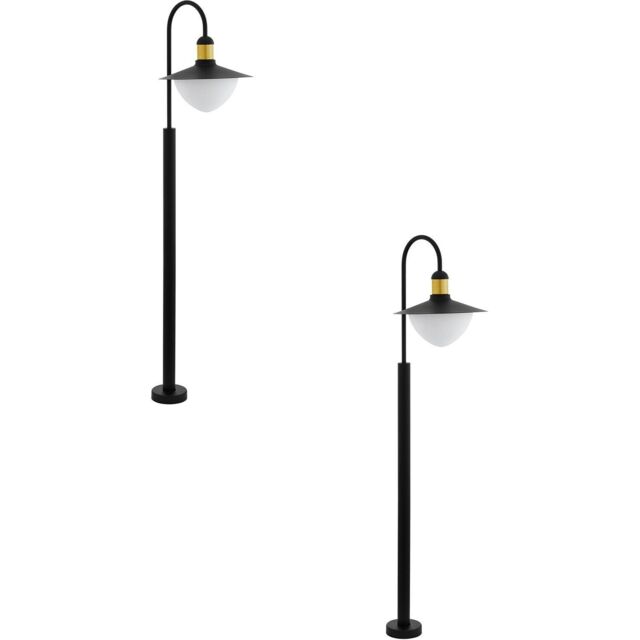 Loops 2 PACK IP44 Outdoor Bollard Light Black & Gold Curved Arm Post 1x 60W E27 - image 1
