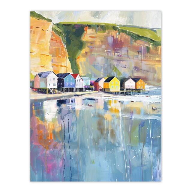 "Artery8 Colourful Quaint Cliffside Beach Chalets Painting Wall Art Print in Blue - Size: W24"" x H32""" - image 1